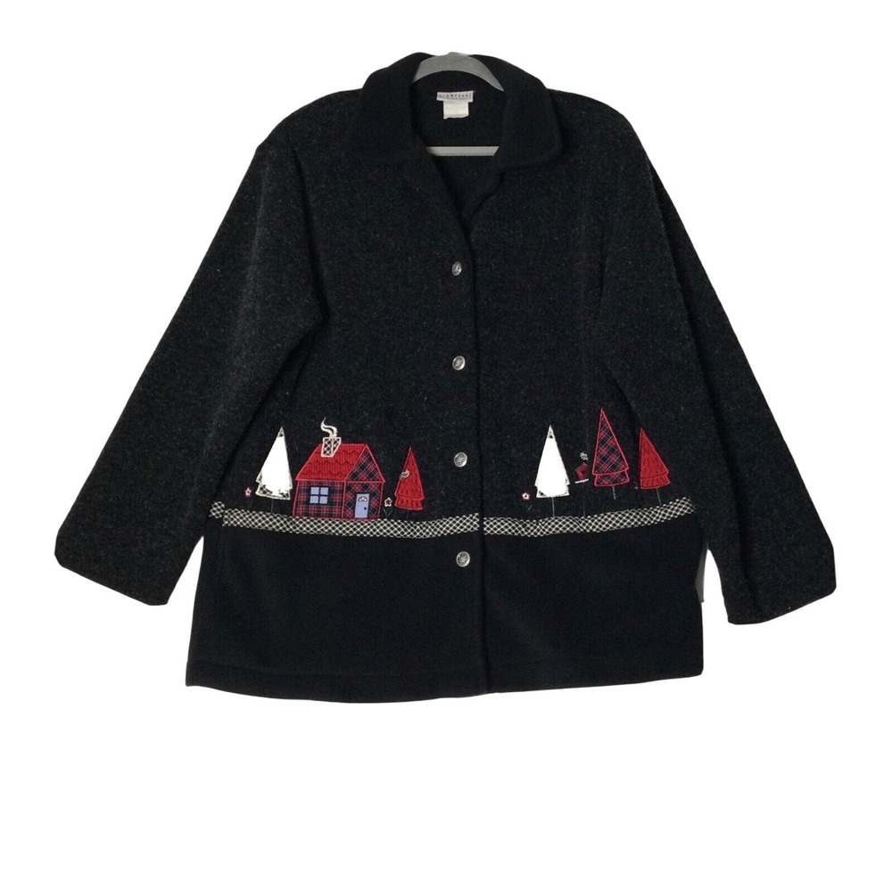 Jantzen Sz M Christmas Cardigan Sweater Embroidered Ugly Xmas Trees & House VTG